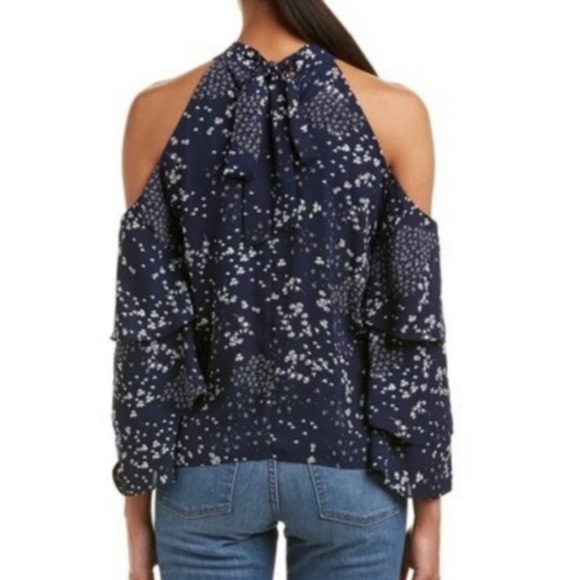 NWT 1. State Blue and White Floral Cold Shoulder High Neck Tiered Blouse XL - Picture 2 of 14